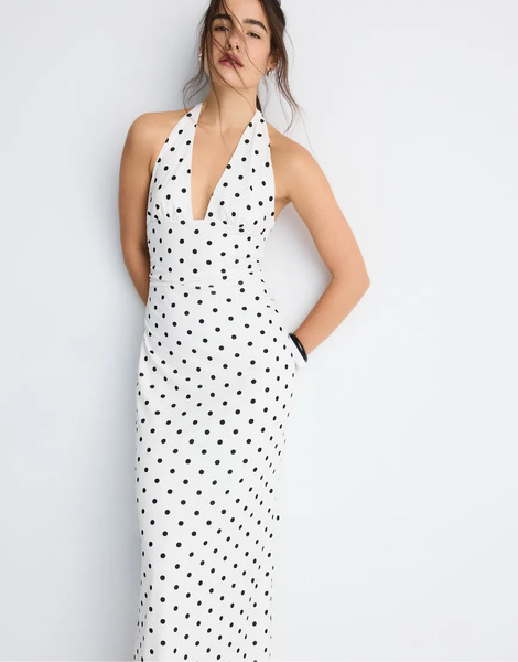  Stradivarius Halter Neck Backless Midi Dress In Ecru White 