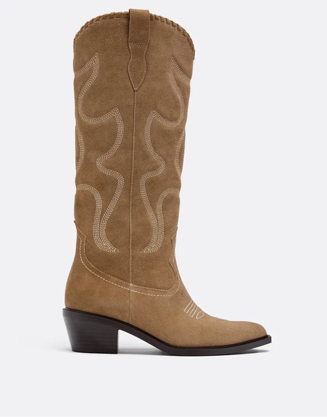  Stradivarius Heeled Cowboy Leather Boots In Beige Neutral 