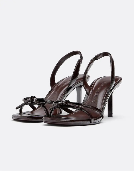  Stradivarius Heeled Leather Effect Sandals In Brown 