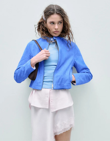 Stradivarius 100% Leather Biker Jacket In Royal Blue Navy 