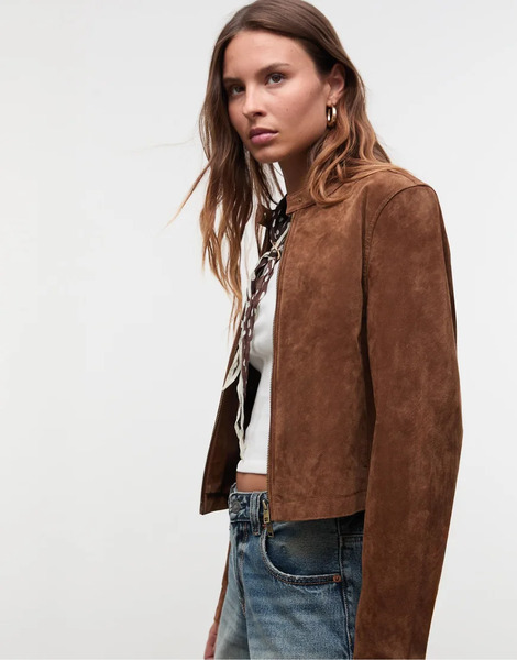  Stradivarius 100% Leather Cropped Jacket In Brown 