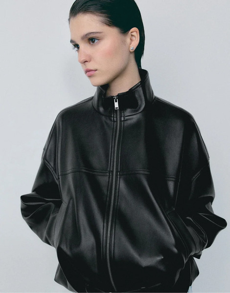  Stradivarius Leather Effect Balloon Jacket With Belt In Black 