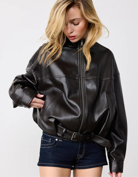  Stradivarius Leather Effect Balloon Jacket With Belt In Brown 