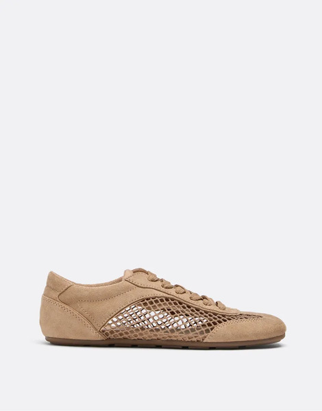  Stradivarius Leather Effect Perforated Trainers In Beige Neutral 