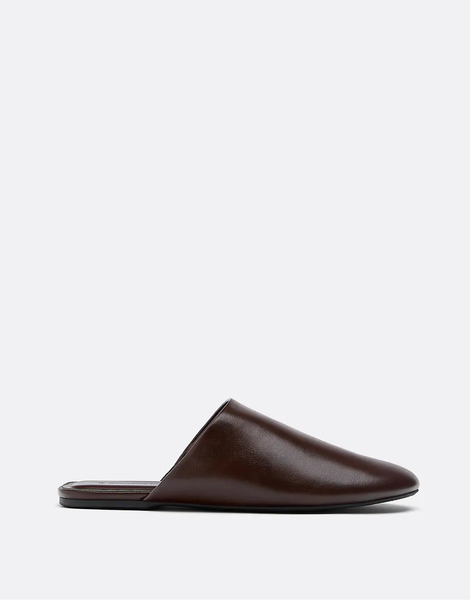  Stradivarius Leather Effect Slippers In Brown 