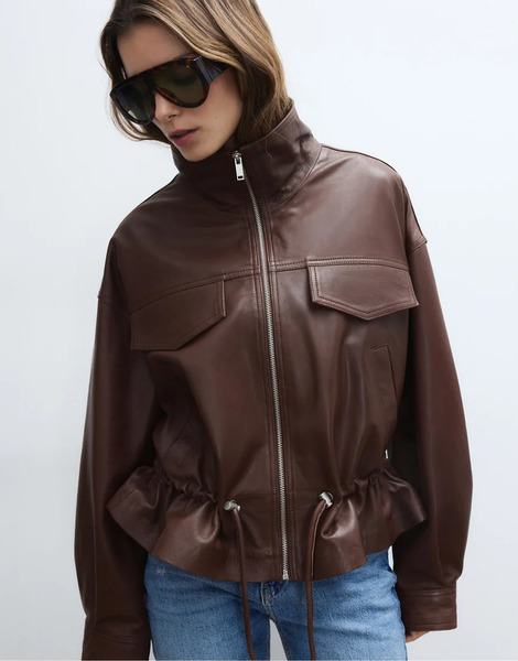  Stradivarius Leather Jacket With Adjustable Pockets In Brown 