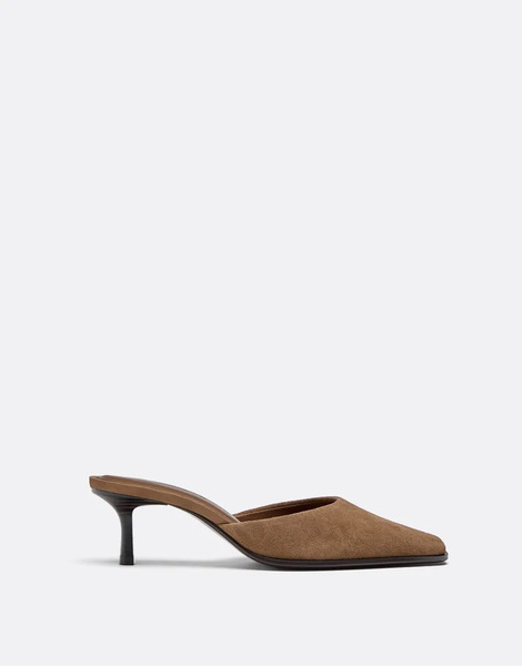  Stradivarius Leather Mule Kitten Heel Shoes In Brown 