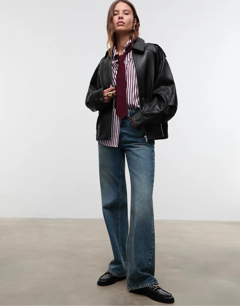  Stradivarius 100% Leather Oversize Jacket In Black 
