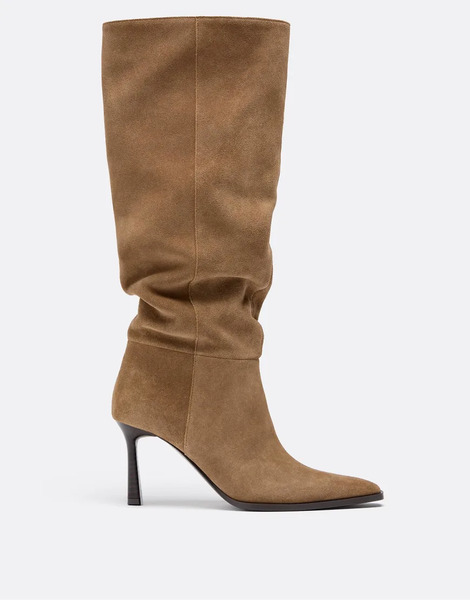  Stradivarius Leather Slouchy Stiletto Heel High Boots In Beige Neutral 