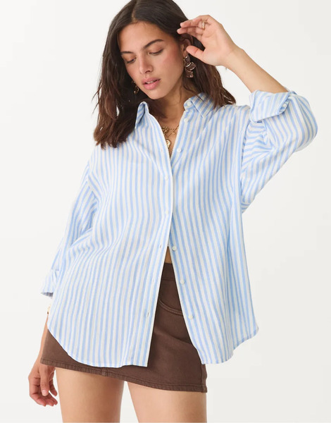  Stradivarius Linen Blend Shirt In Sky Blue 