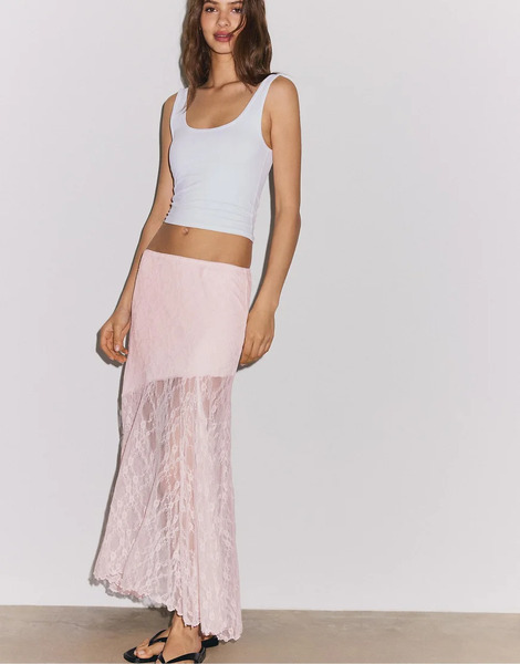  Stradivarius Long Lace Skirt In Pastel Pink 