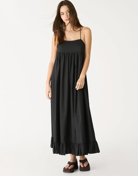  Stradivarius Long Poplin Dress In Black 