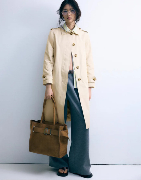  Stradivarius Long Single Breasted Trench Coat In Stone White 