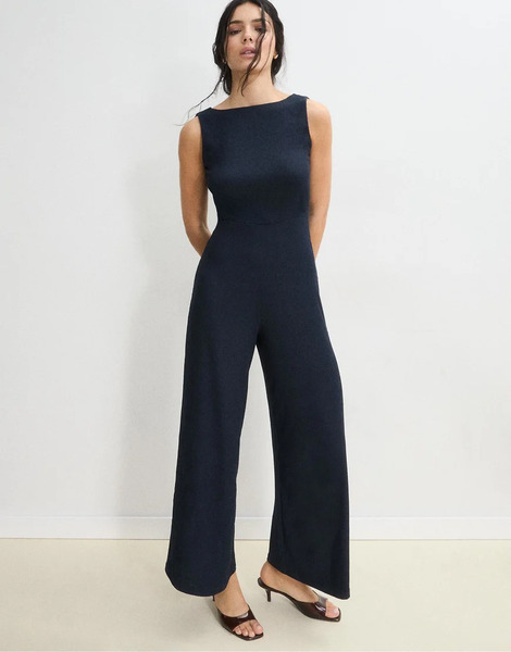  Stradivarius Long Sleeveless Straight Jumpsuit In Navy Blue 