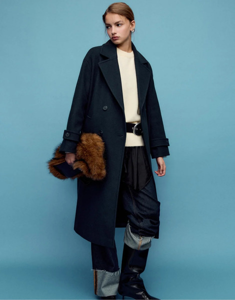  Stradivarius Long Soft Touch Oversize Coat In Navy Blue 