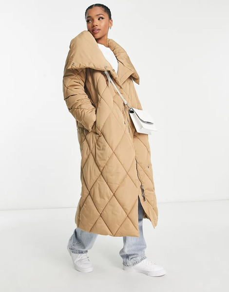  Stradivarius Longline Diamond Quilted Coat In Camel Neutral 