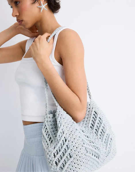  Stradivarius Metallic Thread Crochet Shopper Bag In Grey 