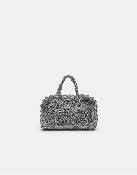  Stradivarius Metallic Yarn Crochet Tote Bag In Grey 