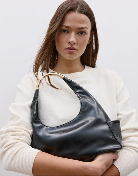  Stradivarius Mini Shoulder Bag With Metallic Handle In Black 