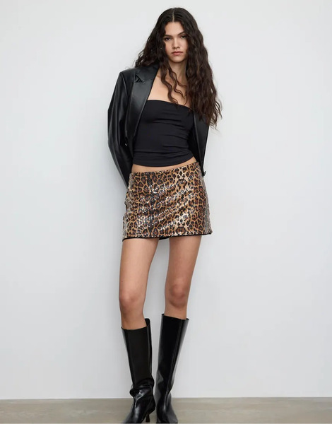  Stradivarius Mini Skort With Animal Print Sequin In Beige Neutral 