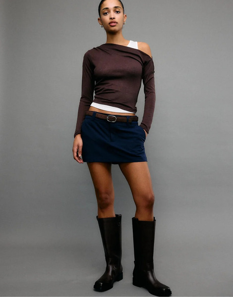  Stradivarius Mini Skort With Belt In Dark Blue Navy 