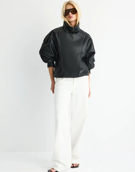  Stradivarius Oversize Faux Leather Biker Jacket In Black 