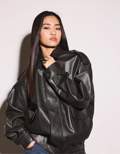  Stradivarius Oversize Leather Effect Biker Jacket In Brown 