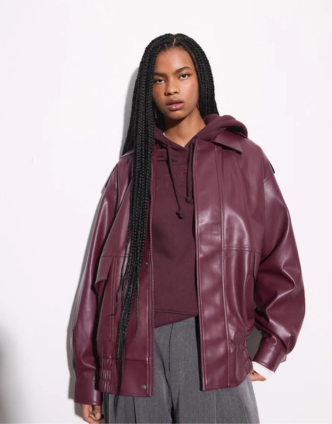  Stradivarius Oversize Leather Effect Biker Jacket In Burgundy Red 