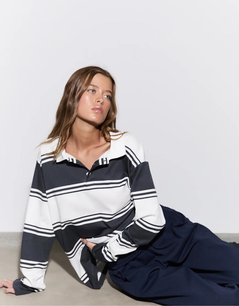  Stradivarius Oversize Striped Polo Shirt In Dark Grey 