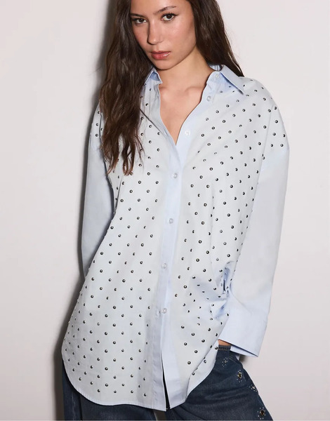  Stradivarius Oversize Stud Shirt In Sky Blue 