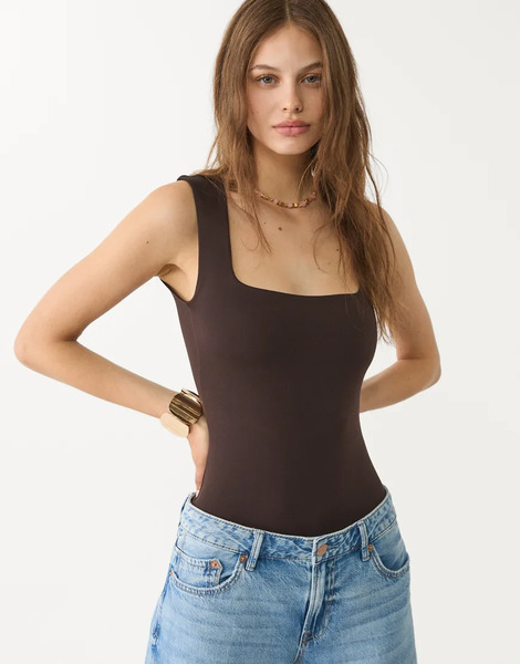  Stradivarius Polyamide Bodysuit With Square Neckline In Brown 