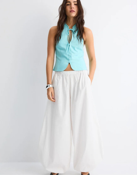  Stradivarius Qipao Halter Button Top In Turquoise Blue 