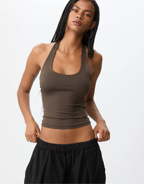  Stradivarius Racer Neck Top In Brown 