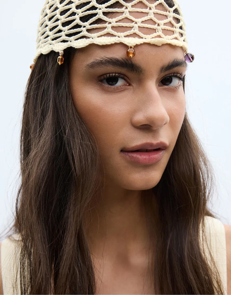  Stradivarius Rhinestone Skull Cap In Ecru White 