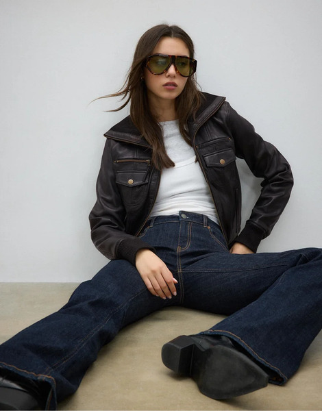  Stradivarius Ribbed Combined Leather Jacket In Black 
