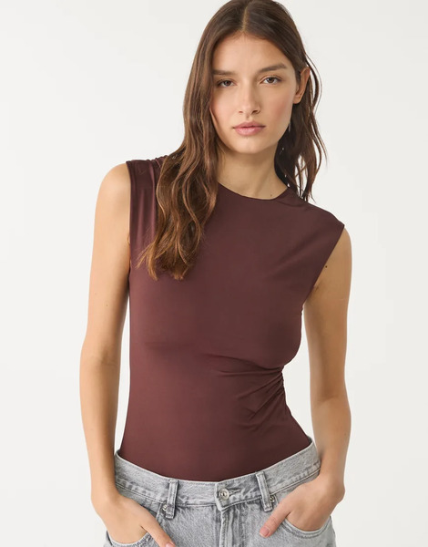  Stradivarius Ruched Bodysuit In Brown 