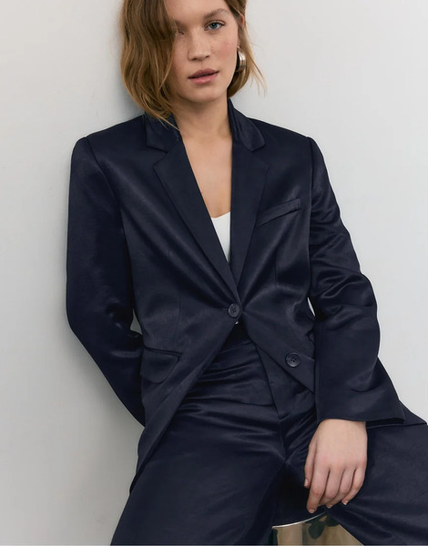  Stradivarius Satin Blazer In Dark Blue Navy 