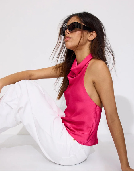  Stradivarius Satin Effect Halter Top In Fuchsia Pink 
