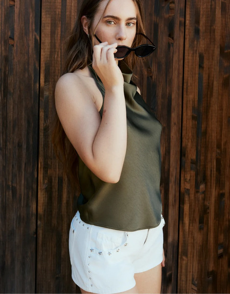  Stradivarius Satin Effect Halter Top In Khaki Green 