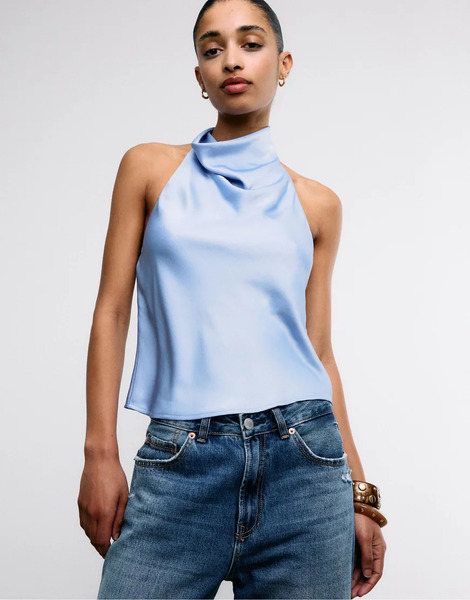  Stradivarius Satin Effect Halter Top In Sky Blue 