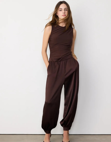  Stradivarius Satin Halter Jumpsuit In Brown 