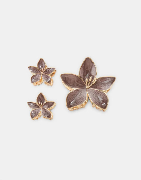  Stradivarius Set Of 3 Flower Clips In Brown 
