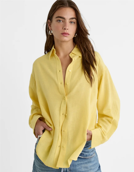  Stradivarius Shirt With Linen In Yellow 