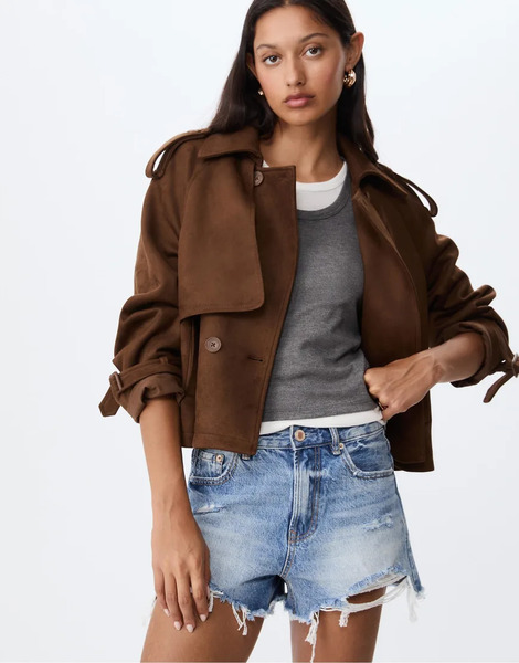  Stradivarius Short Faux Suede Trench Coat In Brown 