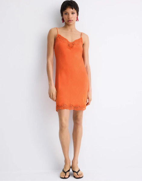  Stradivarius Short Rustic Lace Dress In Orange 