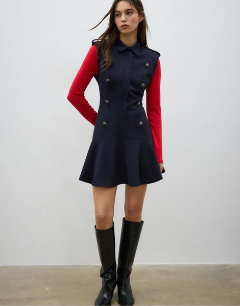 Stradivarius Short Sleeveless Buttoned Dress In Dark Blue Navy 