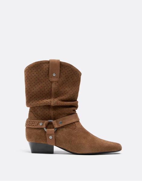  Stradivarius Slouchy Openwork Leather Ankle Boots In Brown 