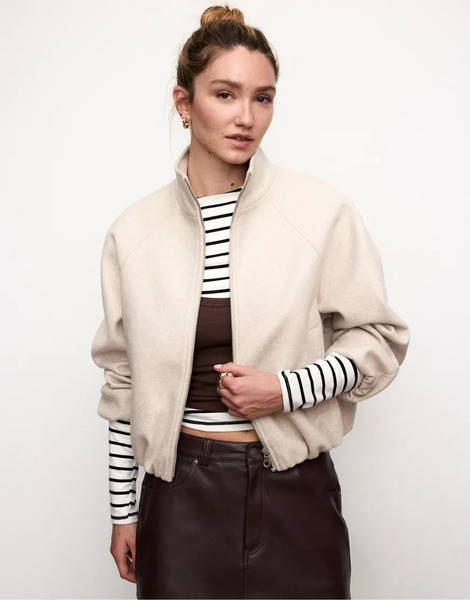  Stradivarius Soft Touch Bomber Jacket In Ecru White 