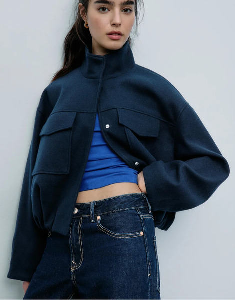  Stradivarius Soft Touch Bomber Jacket With Pockets In Dark Blue Navy 