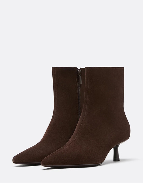  Stradivarius Split Leather Stiletto Heel Ankle Boots In Brown 